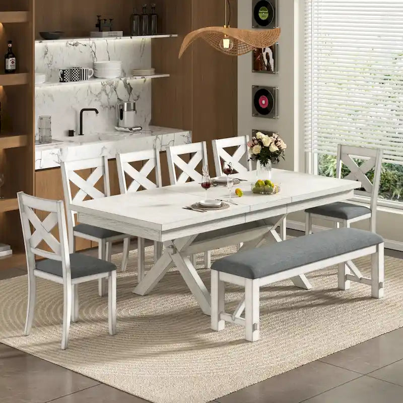 VECELO Juego de Mesa de Comedor con Banco, Mesa de Comedor Rectangular Extensible de Madera Maciza y 4 Sillas de Comedor de Madera Maciza