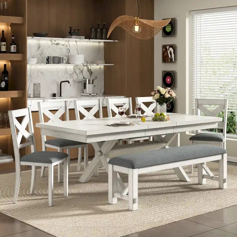 VECELO Juego de Mesa de Comedor con Banco, Mesa de Comedor Rectangular Extensible de Madera Maciza y 4 Sillas de Comedor de Madera Maciza