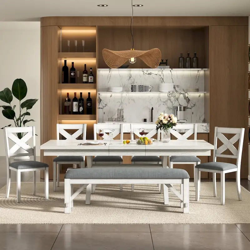 VECELO Juego de Mesa de Comedor con Banco, Mesa de Comedor Rectangular Extensible de Madera Maciza y 4 Sillas de Comedor de Madera Maciza