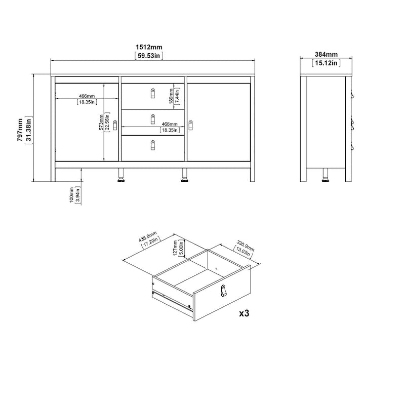 Aparador de 2 puertas y 3 cajones en negro mate/blanco/madera Jackson Hickory – Estilo escandinavo, montaje para 2 personas