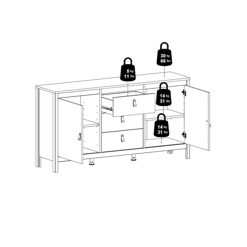 Aparador de 2 puertas y 3 cajones en negro mate/blanco/madera Jackson Hickory – Estilo escandinavo, montaje para 2 personas