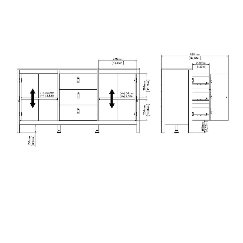 Aparador de 2 puertas y 3 cajones en negro mate/blanco/madera Jackson Hickory – Estilo escandinavo, montaje para 2 personas