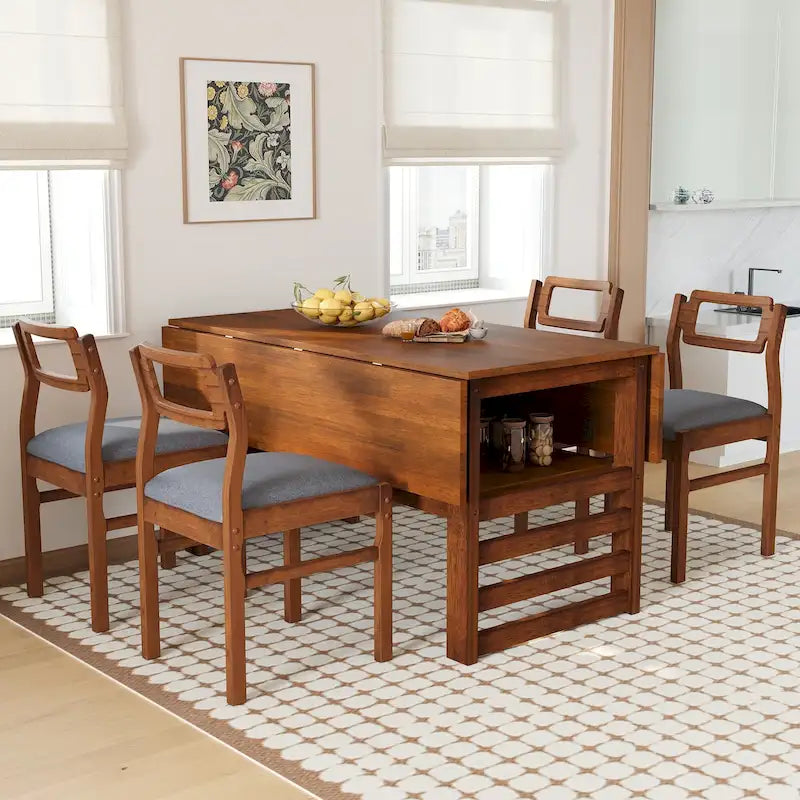 Juego de mesa y sillas de comedor de madera extensible, juego de mesa y sillas de comedor moderno de mediados de siglo con 2 hojas abatibles y estante de almacenamiento