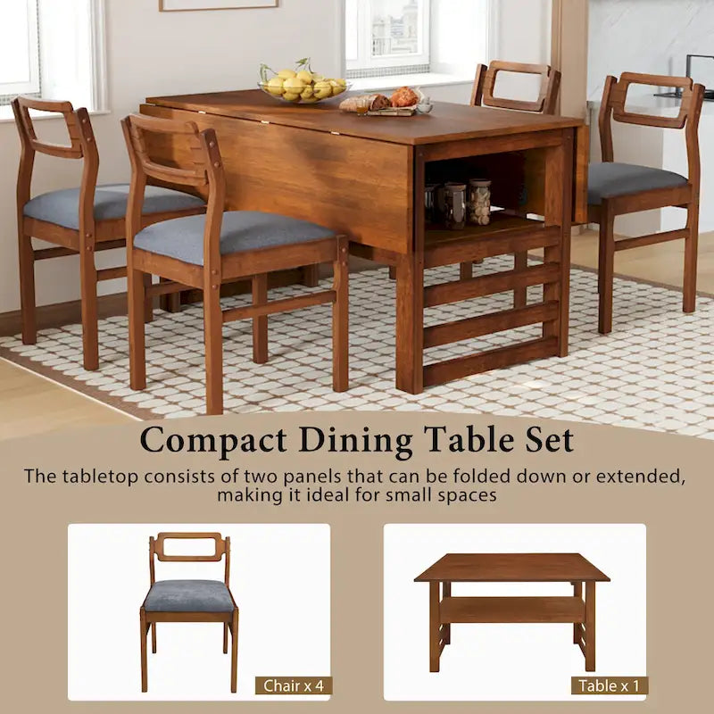 Juego de mesa y sillas de comedor de madera extensible, juego de mesa y sillas de comedor moderno de mediados de siglo con 2 hojas abatibles y estante de almacenamiento