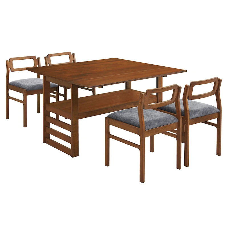 Juego de mesa y sillas de comedor de madera extensible, juego de mesa y sillas de comedor moderno de mediados de siglo con 2 hojas abatibles y estante de almacenamiento