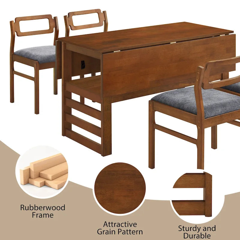 Juego de mesa y sillas de comedor de madera extensible, juego de mesa y sillas de comedor moderno de mediados de siglo con 2 hojas abatibles y estante de almacenamiento