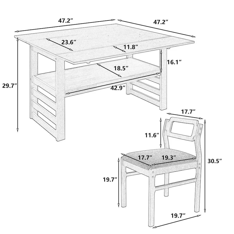 Juego de mesa y sillas de comedor de madera extensible, juego de mesa y sillas de comedor moderno de mediados de siglo con 2 hojas abatibles y estante de almacenamiento