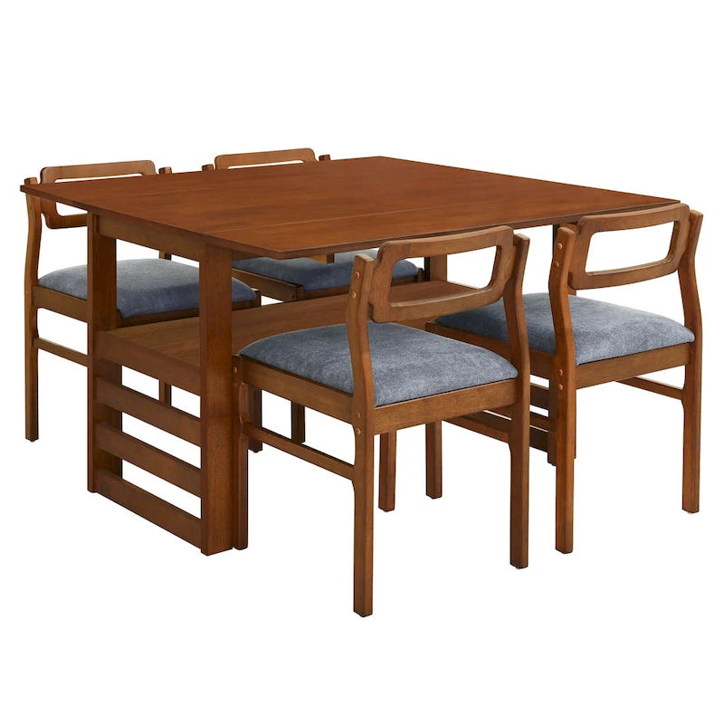 Juego de mesa y sillas de comedor de madera extensible, juego de mesa y sillas de comedor moderno de mediados de siglo con 2 hojas abatibles y estante de almacenamiento