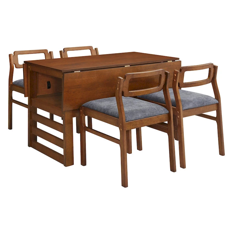 Juego de mesa y sillas de comedor de madera extensible, juego de mesa y sillas de comedor moderno de mediados de siglo con 2 hojas abatibles y estante de almacenamiento