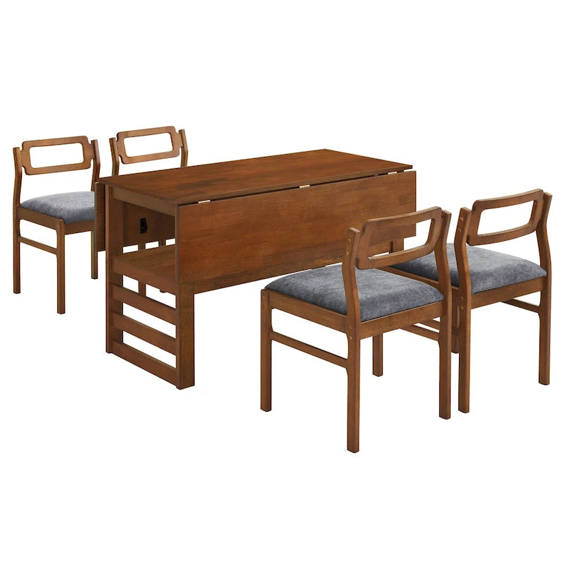 Juego de mesa y sillas de comedor de madera extensible, juego de mesa y sillas de comedor moderno de mediados de siglo con 2 hojas abatibles y estante de almacenamiento