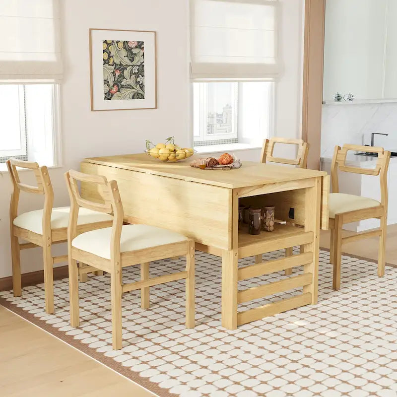 Juego de mesa y sillas de comedor de madera extensible, juego de mesa y sillas de comedor moderno de mediados de siglo con 2 hojas abatibles y estante de almacenamiento