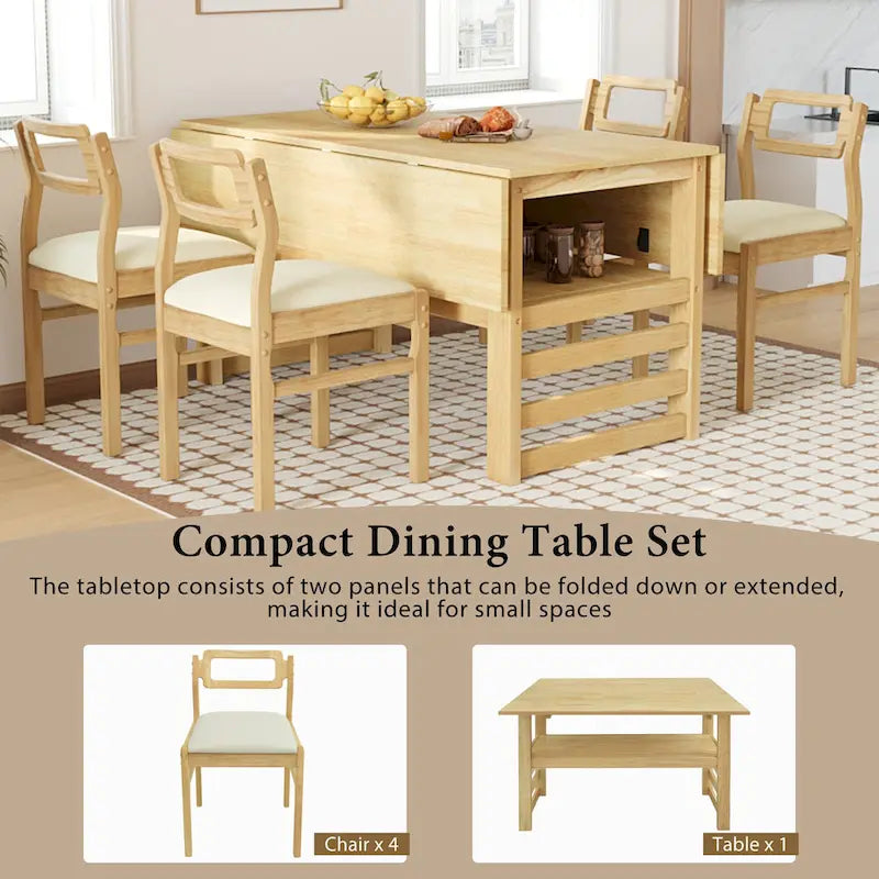 Juego de mesa y sillas de comedor de madera extensible, juego de mesa y sillas de comedor moderno de mediados de siglo con 2 hojas abatibles y estante de almacenamiento