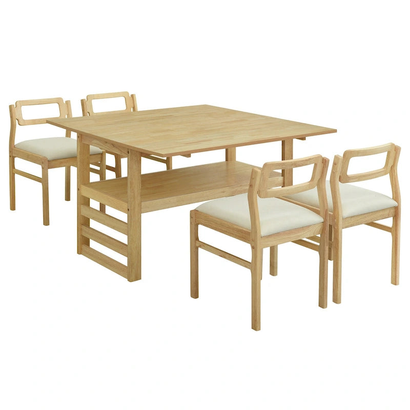 Juego de mesa y sillas de comedor de madera extensible, juego de mesa y sillas de comedor moderno de mediados de siglo con 2 hojas abatibles y estante de almacenamiento