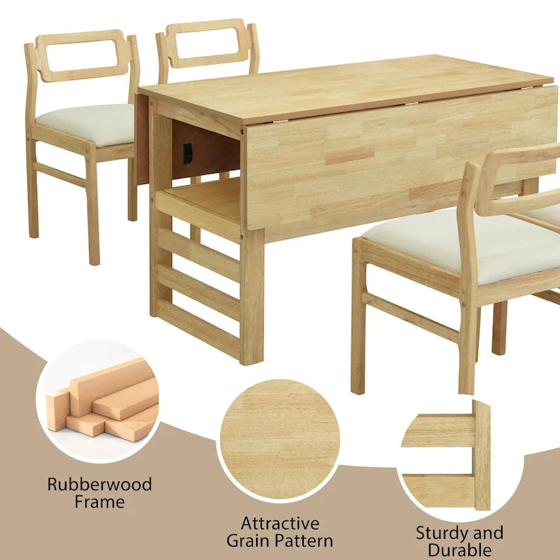 Juego de mesa y sillas de comedor de madera extensible, juego de mesa y sillas de comedor moderno de mediados de siglo con 2 hojas abatibles y estante de almacenamiento