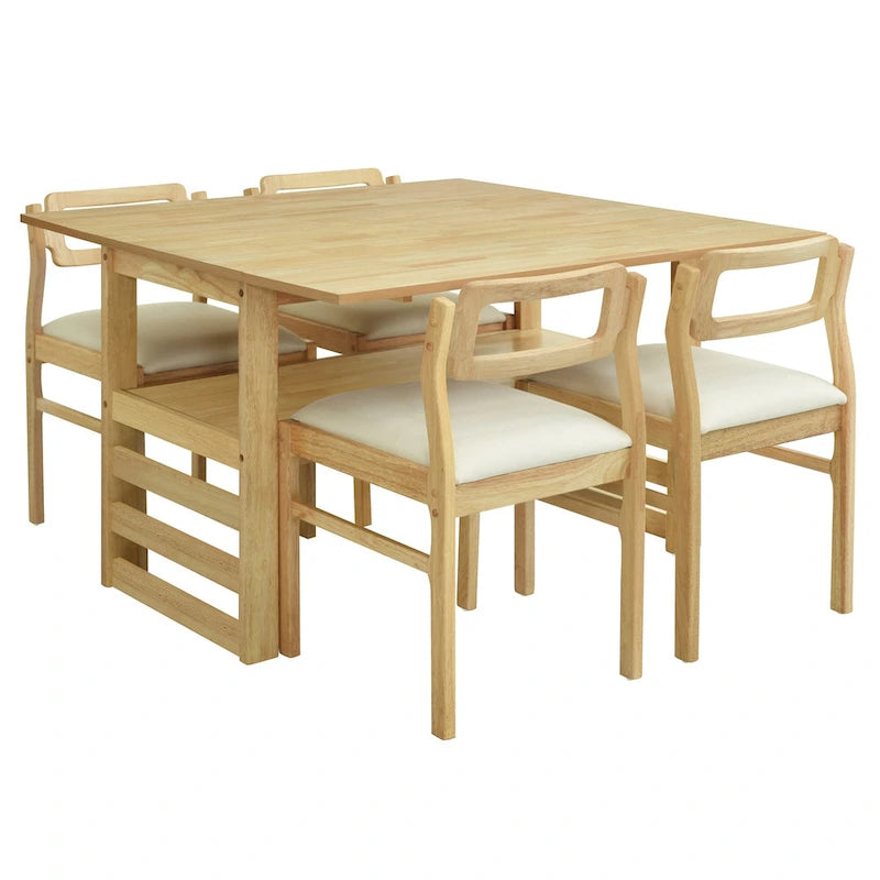 Juego de mesa y sillas de comedor de madera extensible, juego de mesa y sillas de comedor moderno de mediados de siglo con 2 hojas abatibles y estante de almacenamiento