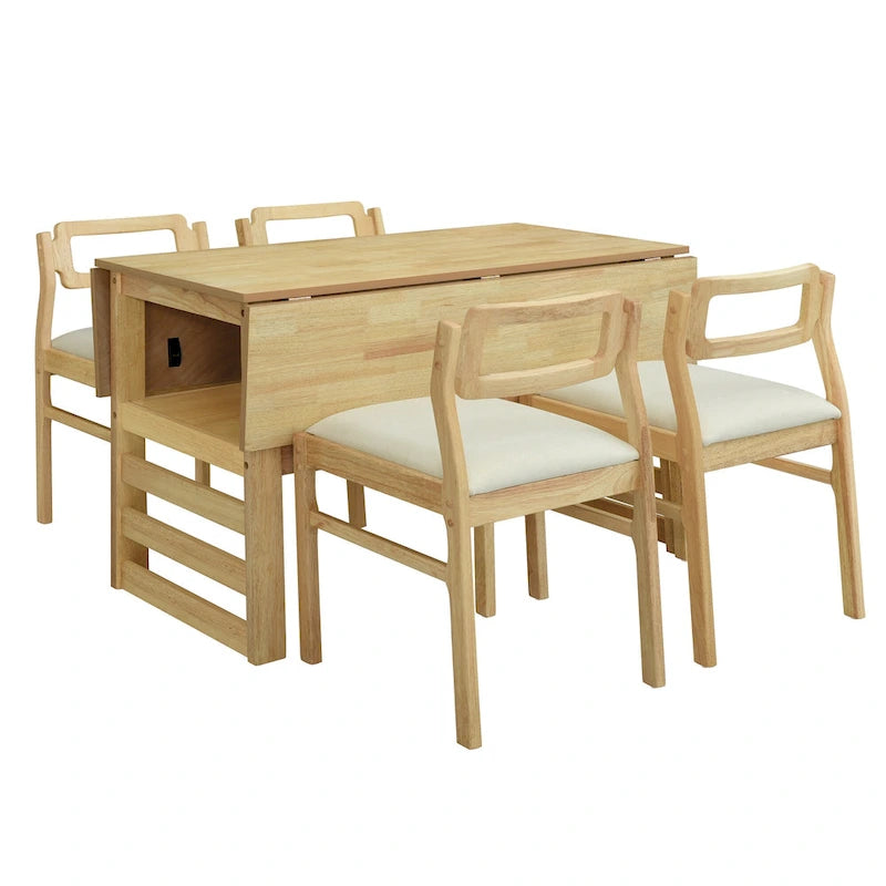 Juego de mesa y sillas de comedor de madera extensible, juego de mesa y sillas de comedor moderno de mediados de siglo con 2 hojas abatibles y estante de almacenamiento