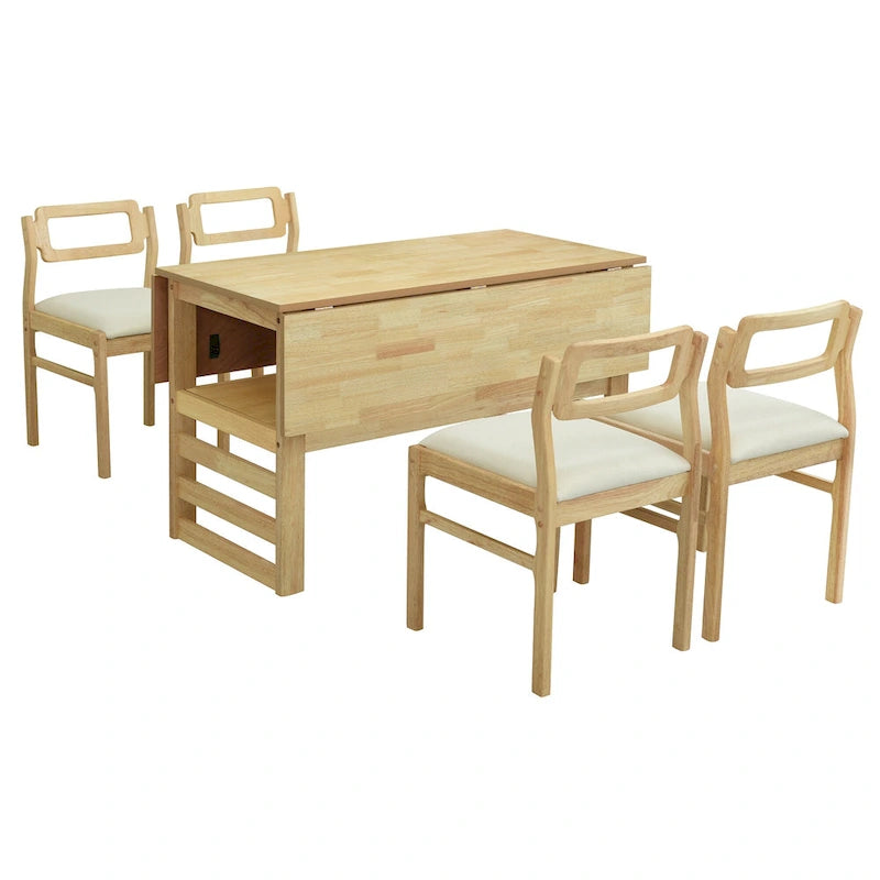 Juego de mesa y sillas de comedor de madera extensible, juego de mesa y sillas de comedor moderno de mediados de siglo con 2 hojas abatibles y estante de almacenamiento