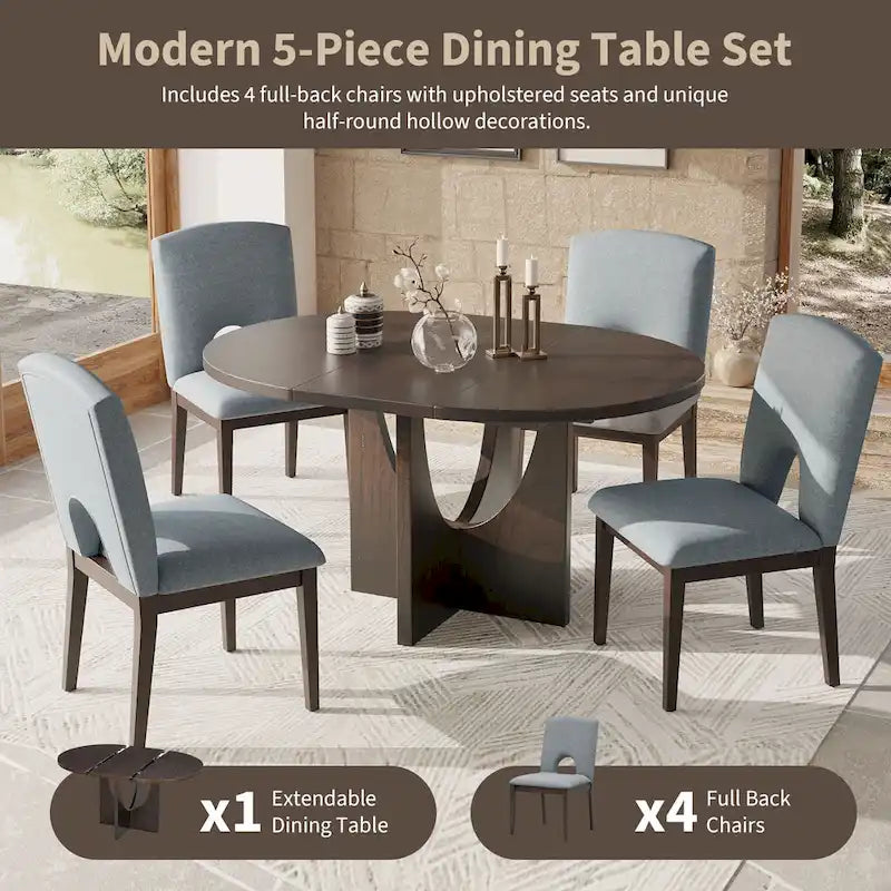 Mesa de comedor redonda moderna de 5 piezas con extensión extraíble de 16.2