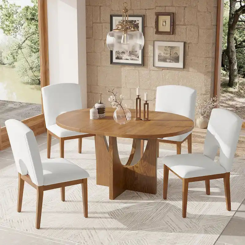 Mesa de comedor redonda moderna de 5 piezas con extensión extraíble de 16.2