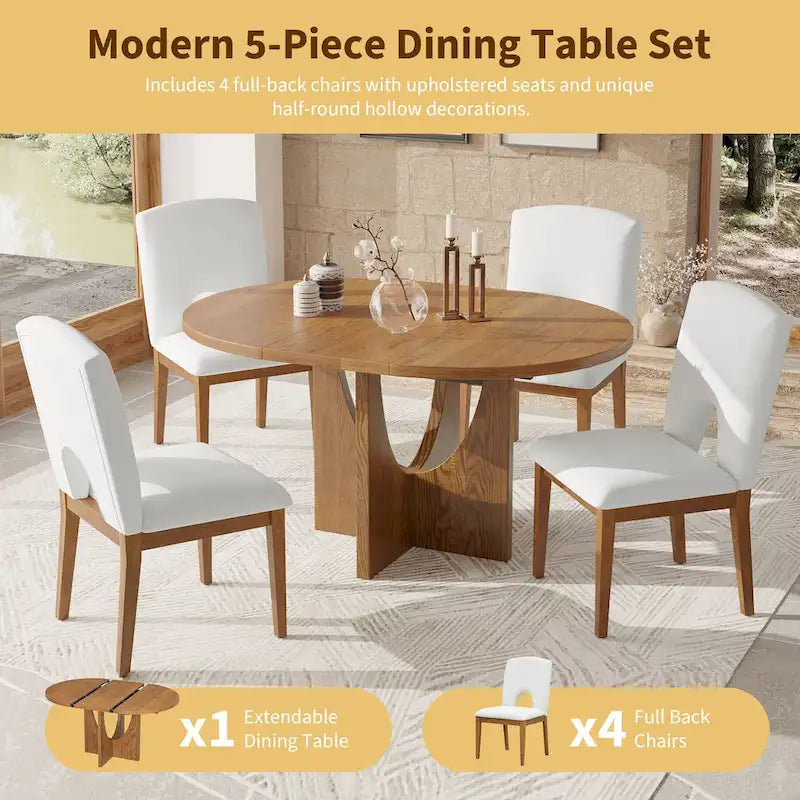 Mesa de comedor redonda moderna de 5 piezas con extensión extraíble de 16.2