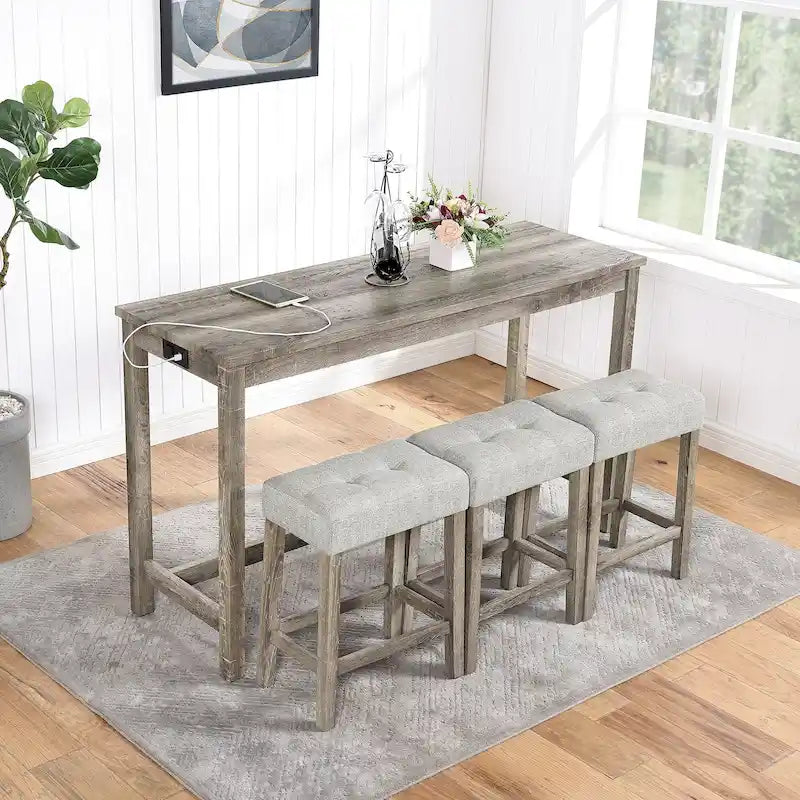 Juego de mesa y 3 taburetes de bar con toma de corriente, desayunador de cocina, juego de mesa y sillas de comedor de madera