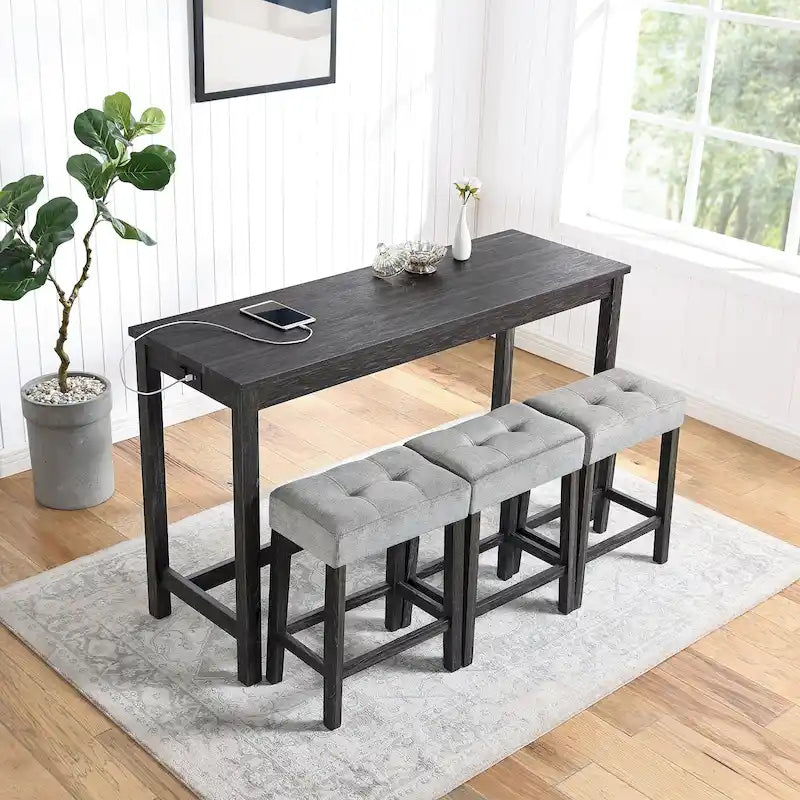 Juego de mesa y 3 taburetes de bar con toma de corriente, desayunador de cocina, juego de mesa y sillas de comedor de madera