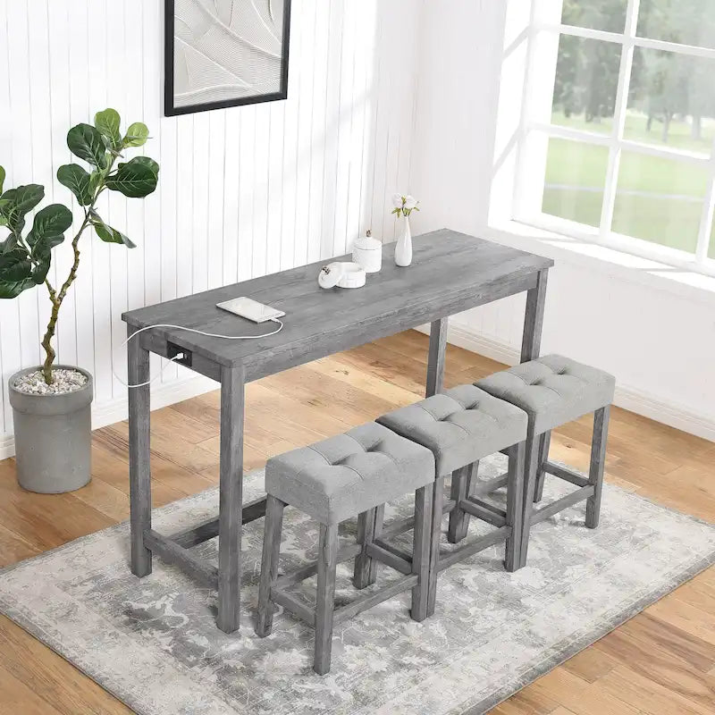 Juego de mesa y 3 taburetes de bar con toma de corriente, desayunador de cocina, juego de mesa y sillas de comedor de madera