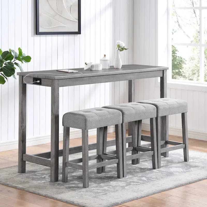 Juego de mesa y 3 taburetes de bar con toma de corriente, desayunador de cocina, juego de mesa y sillas de comedor de madera