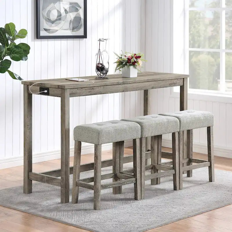 Juego de mesa y 3 taburetes de bar con toma de corriente, desayunador de cocina, juego de mesa y sillas de comedor de madera