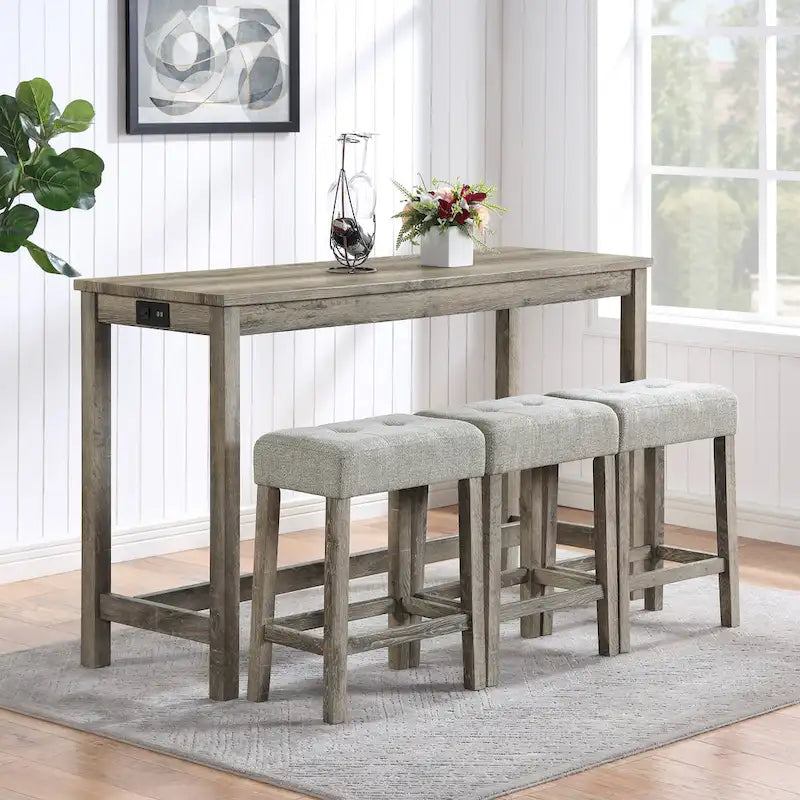 Juego de mesa y 3 taburetes de bar con toma de corriente, desayunador de cocina, juego de mesa y sillas de comedor de madera
