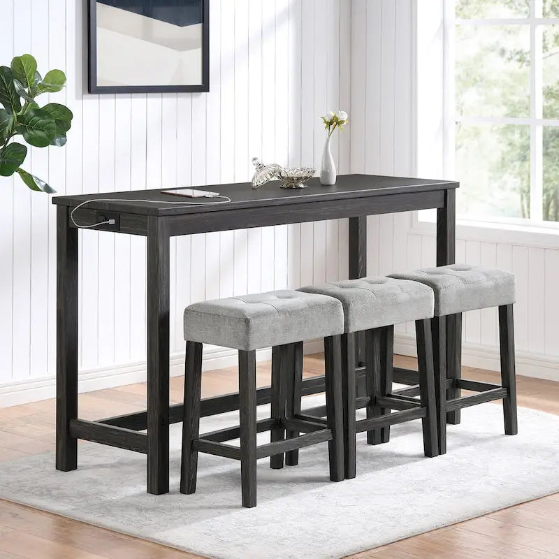 Juego de mesa y 3 taburetes de bar con toma de corriente, desayunador de cocina, juego de mesa y sillas de comedor de madera