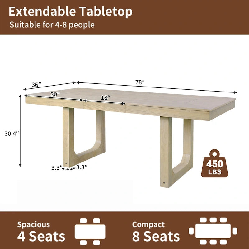 Mesa de comedor extensible de granja marrón, capacidad para 4 a 8 personas