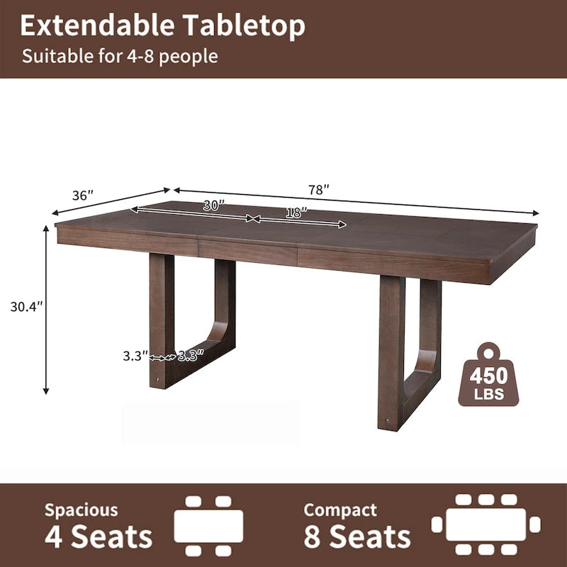 Mesa de comedor extensible de granja marrón, capacidad para 4 a 8 personas