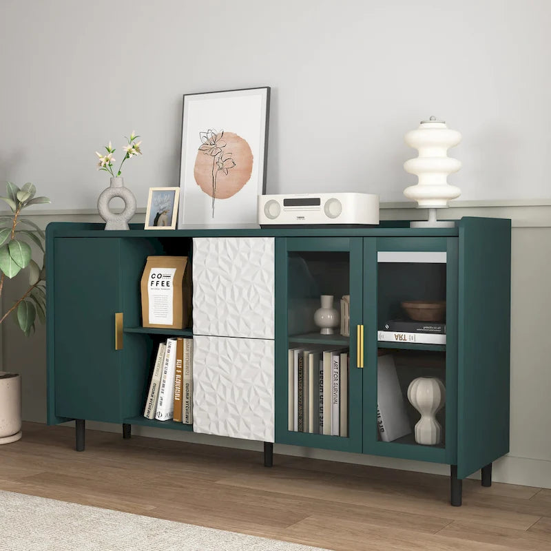Aparador moderno azul/verde con puertas de cristal y cajones