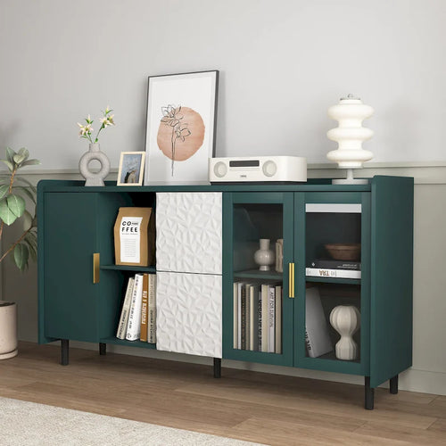 Aparador moderno azul/verde con puertas de cristal y cajones