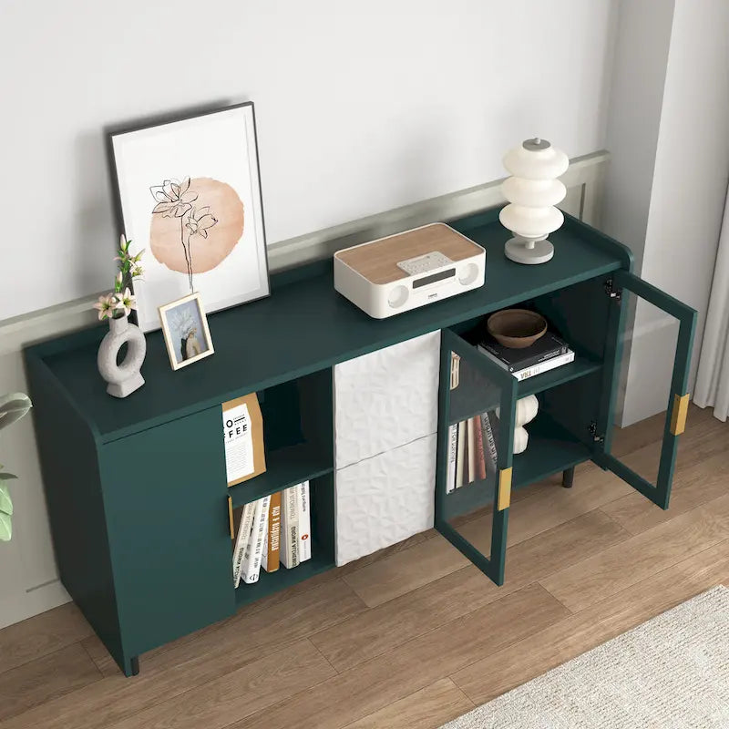 Aparador moderno azul/verde con puertas de cristal y cajones