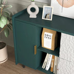 Aparador moderno azul/verde con puertas de cristal y cajones