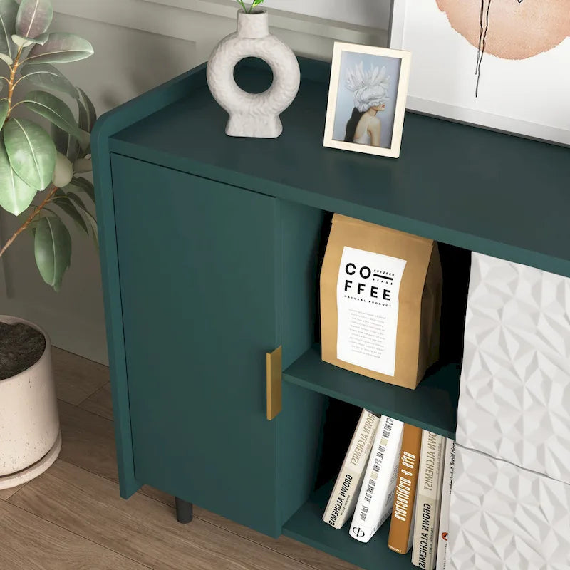 Aparador moderno azul/verde con puertas de cristal y cajones