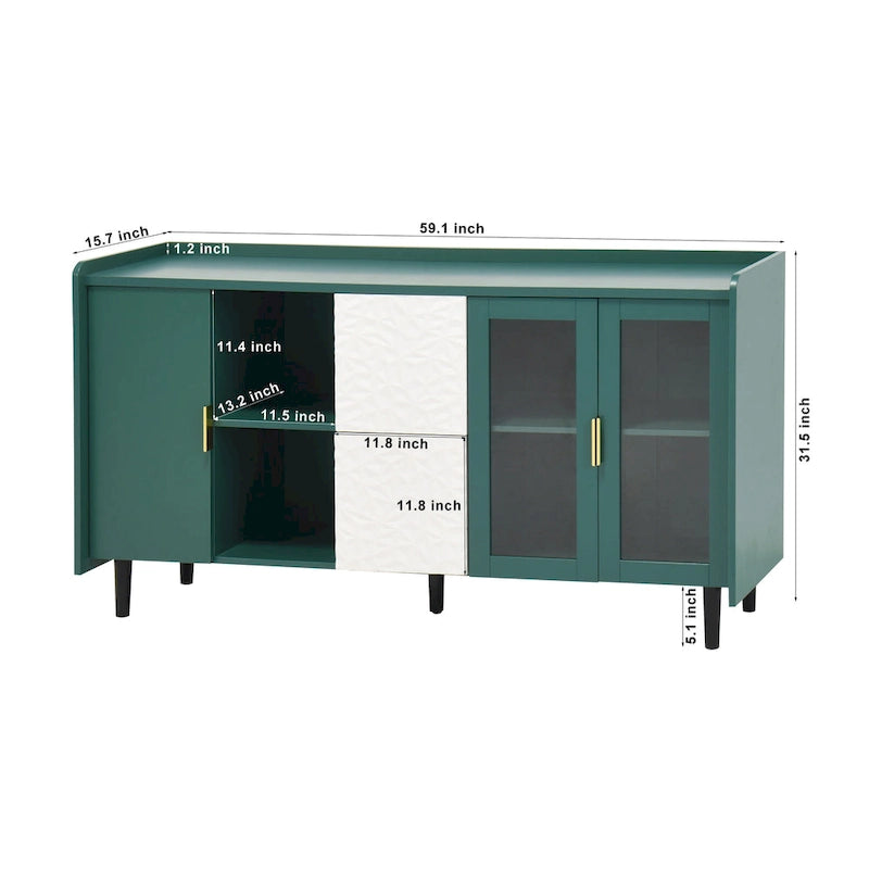 Aparador moderno azul/verde con puertas de cristal y cajones