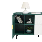 Aparador moderno azul/verde con puertas de cristal y cajones