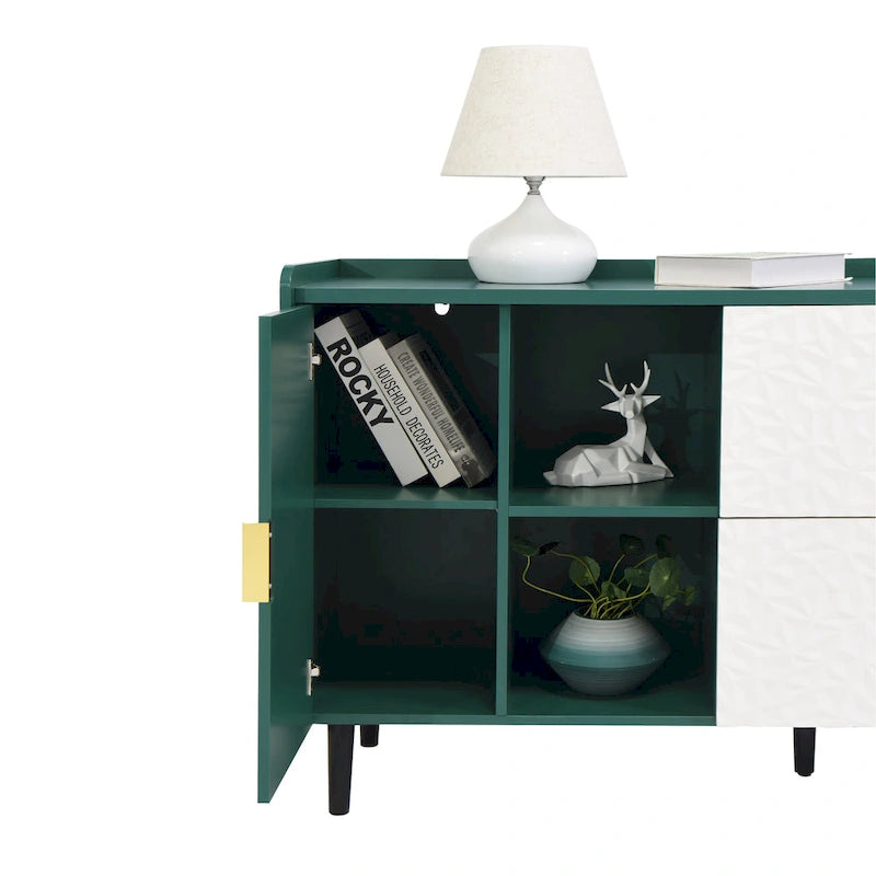 Aparador moderno azul/verde con puertas de cristal y cajones