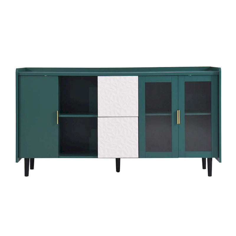 Aparador moderno azul/verde con puertas de cristal y cajones
