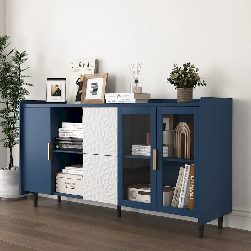 Aparador moderno azul/verde con puertas de cristal y cajones