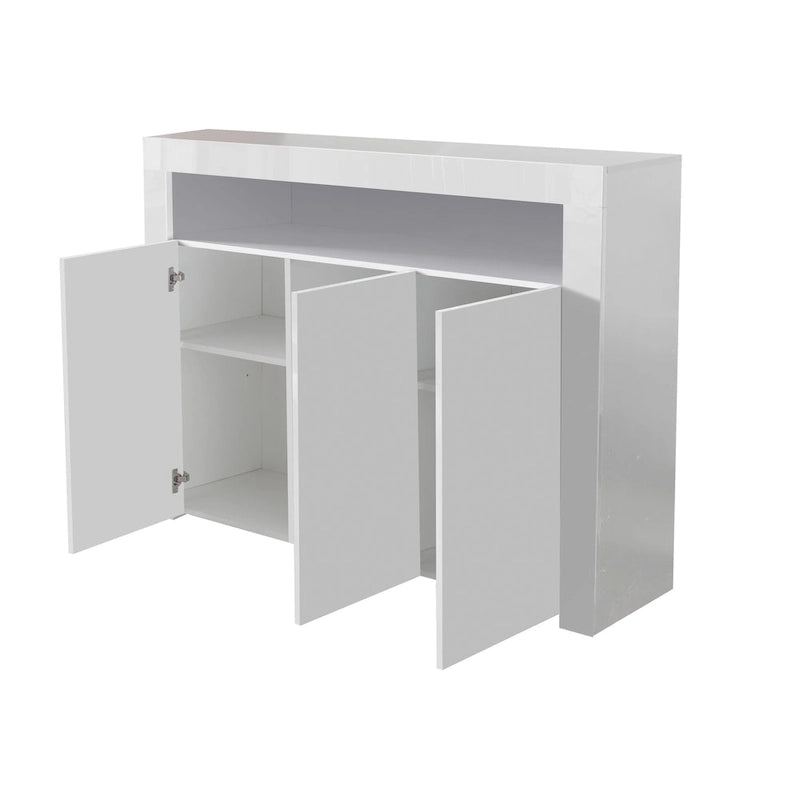 Aparador de almacenamiento blanco de 3 puertas con LED, acabado de alto brillo