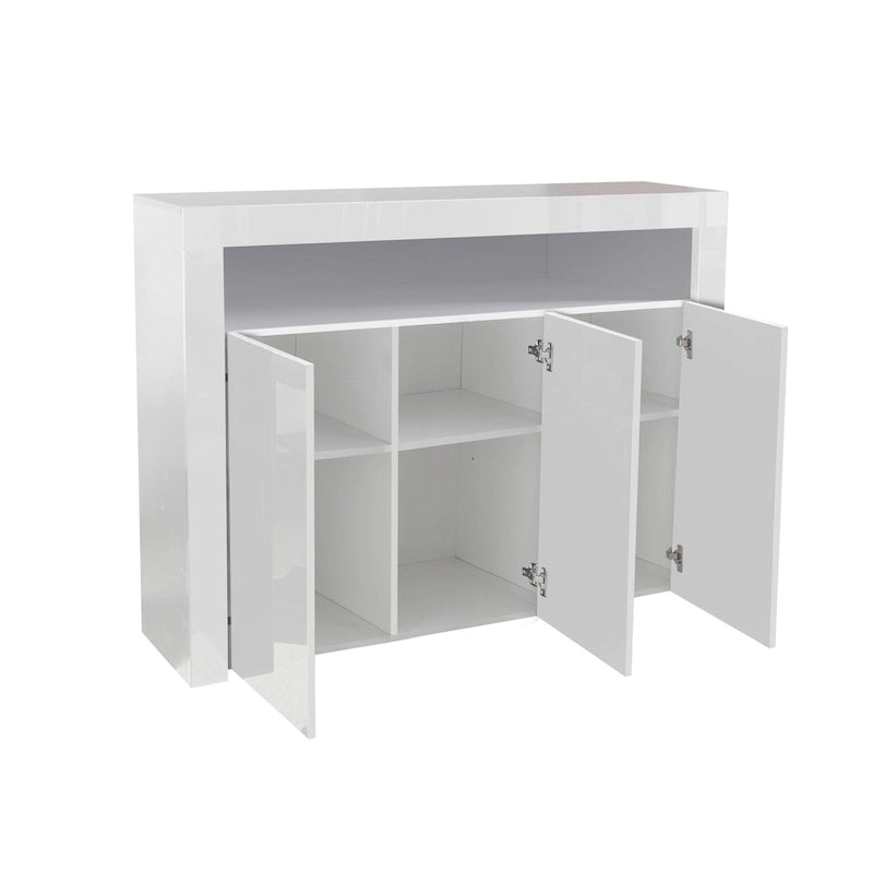 Aparador de almacenamiento blanco de 3 puertas con LED, acabado de alto brillo