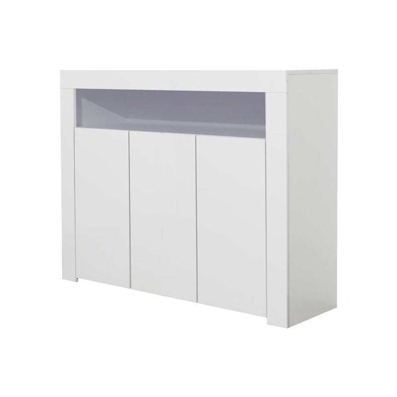Aparador de almacenamiento blanco de 3 puertas con LED, acabado de alto brillo
