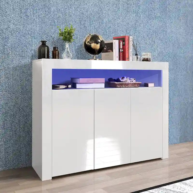 Aparador de almacenamiento blanco de 3 puertas con LED, acabado de alto brillo