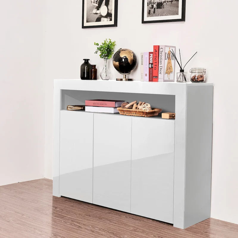 Aparador de almacenamiento blanco de 3 puertas con LED, acabado de alto brillo