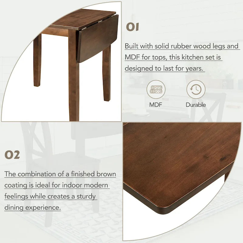 Juego de mesa de comedor para rincón de desayuno de madera de 3 piezas con mesa de ala caída