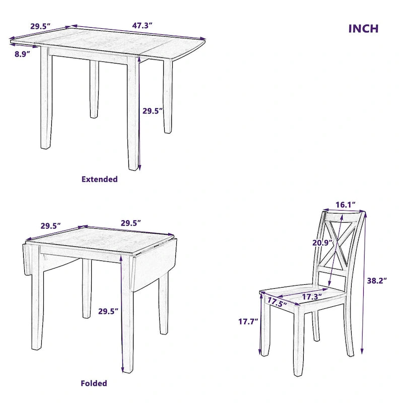 Juego de mesa de comedor para rincón de desayuno de madera de 3 piezas con mesa de ala caída